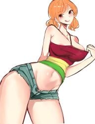 1girls areola_slip areolae_slip arm_up big_breasts blush clothed clothes_pull clothing female female_focus female_only jean_shorts kasumi6 large_breasts licking_lips looking_at_viewer nami_(one_piece) nipples_visible_through_clothing one_piece one_piece_film_strong_world orange_eyes orange_hair pre-timeskip short_hair shoulders solo solo_female thick_thighs tongue tongue_out