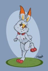 anthro breasts chunkypandaroo feet female generation_8_pokemon genitals invalid_tag lagomorph leporid mammal nintendo pokemon pokemon_(species) pose pussy rabbit raised_foot scorbunny solo