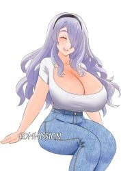 1girls alternate_costume blue_pants breasts camilla_(fire_emblem) casual_clothes cleavage closed_eyes collarbone commission denim english_commentary female fire_emblem fire_emblem_fates genm7 hair_over_one_eye highres huge_breasts jeans light-skinned_female light_skin long_hair nintendo open_mouth pants purple_hair shirt simple_background smile solo wavy_hair white_shirt