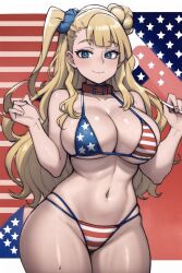 1girls ai_generated american_flag american_flag_bikini beach big_breasts bikini bimbo blonde_hair blue_eyes collar curvaceous curvy_female curvy_figure feet_out_of_frame female female_focus female_only galko hair_bun hair_ornament hands_up light-skinned_female light_skin long_hair looking_at_viewer oshiete!_galko-chan side_bun smile smile_at_viewer standing thick thick_thighs voluptuous voluptuous_female wide_hips