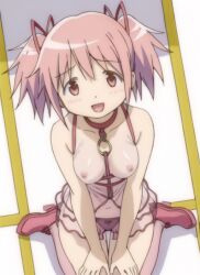 ai_generated blush breasts collar collar_bone dot_nose female from_above hair_ribbon kneeling looking_at_viewer looking_up madoka_kaname medium_breasts navel nipples official_style open_mouth panties pink_eyes pink_hair pink_panties puella_magi_madoka_magica red_footwear ribbon shoes short_twintails sitting smile solo twintails underwear wariza white_legwear