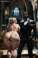 1boy 1girls ai_generated amandovakin barely_clothed big_ass big_butt bikini blonde_hair blush blushing bride chubby church couple dark-skinned_male fat_ass horny_female interracial milf pawg plump thick voluptuous wedding_dress writing_on_ass