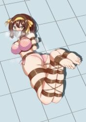 1girls 5_toes barefoot bikini bondage brown_hair damsel_in_distress feet female female_only gag gagged lingerie lingerie_only one_female only_female shiromaki short_hair solo solo_female suzumiya_haruhi suzumiya_haruhi_no_yuuutsu tape_gag tied_up toes yellow_eyes yellow_headband