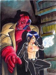 1girls areolae barry_blair blue_hair breasts breasts_out female hellboy hellboy_(series) liz_sherman nipples perky_breasts red_skin short_hair topless