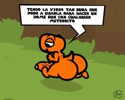 animated artist_logo big_butt bonguitoweon dinosaur erection forest forest_background genitals huge_cock male male_only orange_body outside penis reptile running scalie solo spanish_text tagme tail text translation_request vein veiny_penis