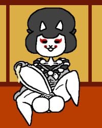 1boy 2024 anthro anthro_only background black_hair bodily_fluids cat_ears catboy cum feline first_porn_of_character furry furry_male furry_only geisha_hair goemon_cat hyper hyper_penis kimono kimono_only large_penis leaking_cum looking_at_viewer makeup nyanko_daisensou open_mouth palafinthe24th penis penis_out smug smug_face solo the_battle_cats thick white_fur