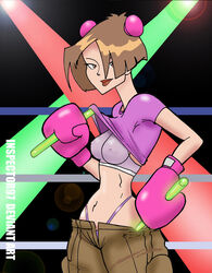 1girls alternate_version_available baggy_pants boxing boxing_gloves boxing_ring bra breasts brown_eyes brown_hair clothes clothing curvy female female_only fighting_ring gloves glowstick headwear human inspector97 light-skinned_female light_brown_hair light_skin lips lipstick looking_at_viewer midriff mimi_li nipple_bulge nipples_visible_through_clothing pale-skinned_female pale_skin pants pink_boxing_gloves pink_gloves pointy_chin purple_shirt shirt shirt_lift short_hair small_breasts solo solo_female sports_bra thick thick_hips thick_thighs thighs thong wade_hixtons_counter_punch wide_hips