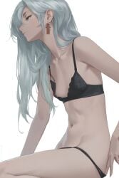 1girls a_(xenoblade) black_bra black_panties bra core_crystal ear_ring flat_chest gorgeous grey_hair long_hair miura-n315 nonbinary_(lore) panties partially_clothed peeking_nipple pretty_girl small_breasts solo_female tagme xenoblade_(series) xenoblade_chronicles_3 xenoblade_chronicles_3:_future_redeemed
