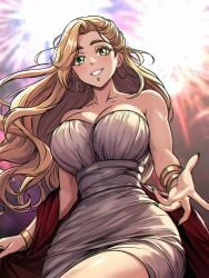 aztec blonde_hair clothed fate/grand_order fate_(series) female fire_works fit_female green_eyes green_nails hourglass_figure indigenous large_breasts latina looking_at_viewer male_pov mesoamerican mexican muscular_female new_year night night_sky quetzalcoatl_(fate) slim_waist smile straight white_dress wholesome wide_hips year_of_the_dragon zantyarz