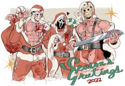 3boys bara bara_tits barazoku bulge christmas christmas_clothing clothing crossover friday_the_13th gay ghostface ghostface_(scream) halloween halloween_(series) hockey_mask holidays jason_voorhees male male/male male_focus male_nipples male_only manly mask masked masked_male michael_myers muscular_male nipples penis_outline santa_costume scream scream_(franchise) solo_male thong underwear yaoi