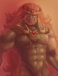 1boy abs armor bara bare_pectorals beard benzy_(artist) bottomless circlet colored_skin cowboy_shot facial_hair flaccid fur-trimmed_armor fur_trim ganondorf ganondorf_(hyrule_warriors) gem gradient_background green_skin highres hyrule_warriors large_pectorals long_hair looking_at_viewer male_focus male_only mature_male muscular muscular_male navel nipples nude orange_hair pectorals penis_out_of_frame pointy_ears red_gemstone sharp_teeth shoulder_armor simple_background smile solo teeth the_legend_of_zelda thick_beard veins veiny_arms very_long_hair