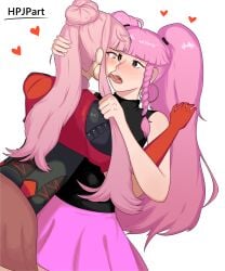 2girls alternate_costume alternate_hairstyle bangs bare_arms black_eyes blush braid earrings elbow_gloves female female_only fire_emblem fire_emblem:_three_houses fire_emblem_warriors:_three_hopes french_kiss gloves hair_grab hand_on_another's_head heart hilda_valentine_goneril hpjpart kissing long_hair looking_at_another multiple_girls nintendo official_alternate_costume official_alternate_hairstyle open_mouth original pink_eyes pink_hair ponytail saliva skirt sleeveless standing tongue tongue_out twin_braids twintails very_long_hair white_background yuri