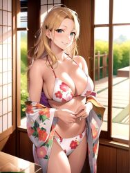 1girls ai_generated ai_mirror blonde_hair blue_eyes blush bushes fence kimono kimono_down long_hair looking_at_viewer medium_breasts seductive sliding_doors smile table tagme touching_hands underwear white_kimono white_skin white_underwear window wooden_fence wooden_table