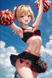 ai_generated average_breasts belly belly_button black_and_red black_and_red_bra black_skirt blonde_female blonde_hair blonde_hair_female blue_eyes bow bows cloud clouds cloudy_sky cute g-string pom_pom_(cheerleading) pom_poms red_bow red_bows red_skirt ribs skirt skirt_lift sky sky_background torso white_skin