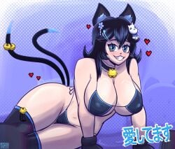 bell bikini black_hair blue_hair blush cat_ears cat_tail curvy curvy_female erect_nipples heart hi_res huge_breasts japanese_text jarrot_monster large_breasts legwear looking_at_viewer mole neko nott_vt owozu short_hair smile swimsuit tail text thick_legs underwear virtual_youtuber