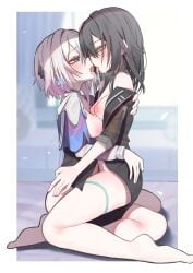 2girls absurdres after_kiss barefoot black_hair blue_eyes blurry blurry_background blush border bottomless breasts breath dated_commentary eye_contact face-to-face from_side half-closed_eyes hand_in_another's_hair hand_on_another's_ass hand_on_another's_back highres honkai:_star_rail honkai_(series) indoors long_hair long_sleeves looking_at_another march_7th_(honkai:_star_rail) medium_breasts medium_hair multiple_girls nipples off_shoulder open_clothes open_mouth outside_border partially_undressed pink_hair profile sajin_(user_pvrm4582) saliva saliva_trail sitting sleeves_past_elbows stelle_(honkai:_star_rail) thigh_strap white_border yellow_eyes yuri