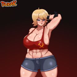 big_breasts big_breasts blonde_hair blue_eyes breasts breasts durak female_only female_solo hips solo thick wide_hips yana_badass yana_zherebtsova