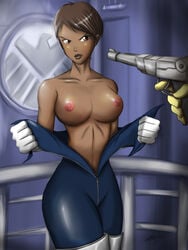 1girls bodysuit breasts brown_eyes brown_hair dark-skinned_female ddv03 female forced forced_undressing frown gun gunpoint human large_breasts lipstick maria_hill maria_hill_(earth's_mightiest_heroes) marvel nipples s.h.i.e.l.d. short_hair tagme the_avengers:_earth's_mightiest_heroes threatening tight_clothing