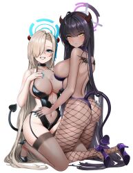 2girls absurdres ass asuna_(blue_archive) black_footwear black_hair black_tail black_thighhighs blue_archive blue_halo blush breasts brown_horns cleaning_&_clearing_(blue_archive) closed_mouth dark-skinned_female dark_skin demon_horns demon_tail fake_horns fishnets grin hair_over_one_eye halo high_heels highres horns karin_(blue_archive) large_breasts legs light_brown_hair long_hair looking_at_viewer millennium_science_school_student mole mole_on_breast multiple_girls purple_footwear purple_halo purple_tail ralac simple_background smile tail thighhighs white_background yellow_eyes