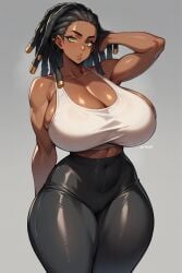 ai_generated curvy_figure curvy_hips curvy_waist dark-skinned_female dreadlocks green_eyes huge_breasts leggings looking_at_viewer original_character tank_top thick_thighs wide_hips