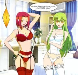 2girls bra breasts c.c. choker code_geass crystal dialogue female_only femdom femsub garter_belt garter_straps green_hair happy_trance hypnosis jimryu kallen_stadtfeld large_breasts lingerie long_hair mind_control panties pendulum red_hair short_hair side-tie_panties standing text thighhighs underwear