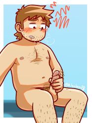 1boy a-hem_(a_hemhem18) bara beard_stubble belly blush brown_hair completely_nude erection feet_out_of_frame forked_eyebrows gay highres leg_hair long_sideburns male_focus male_masturbation male_only masturbation nude penis plump scott_pilgrim scott_pilgrim_takes_off short_hair sideburns sideways_mouth sitting solo solo_male sparse_chest_hair stephen_stills thick_eyebrows