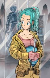 amartbee aqua_eyes aqua_hair breasts bulma_(future) bulma_briefs cleavage commentary dirty dirty_face dragon_ball dragon_ball_z ear_piercing earrings english_commentary female gloves hair_pulled_back highres jacket jewelry large_breasts piercing ponytail pouch pregnant red_gloves socket_wrench solo sweatdrop trunks_(dragon_ball) trunks_(future)_(dragon_ball) upper_body yellow_jacket