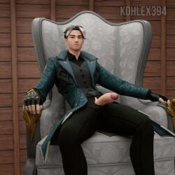 1boy 3d black_and_white_hair clothed dilf fortnite french kohlex male_focus male_only manspreading masculine mature_male montague_(fortnite) on_chair penis_out scar serious_look solo solo_male spread_legs two_tone_hair