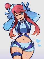 blue_eyes long_hair pokemon pokemon_bw red_hair skyla_(pokemon) tagme thick_thighs touyarokii wink winking_at_viewer