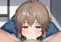 1boy 1girls ai_generated amane_suzuha blowjob blush braided_hair brown_hair cheeks clothed_female_nude_male cumming_in_mouth fellatio female fluffy_hair male oral_sex pov steins;gate tomboy track_jacket twin_braids yellow_eyes