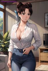 1girls accurate_art_style ai_generated alternate_breast_size alternate_costume artist_name bangs big_breasts breasts brown_eyes brown_hair casual casual_clothes cleavage curvaceous denim denim_jeans double_bun female female_focus hair_bun hair_ornament high_waisted_pants huge_breasts indoors jeans light-skinned_female light_skin nai_diffusion naruto naruto_(series) naruto_shippuden no_bra no_bra_under_clothes pants patreon_username petite ribbon shirt stable_diffusion temptart tenten tied_hair twin_buns unbuttoned unbuttoned_shirt url voluptuous watermark web_address