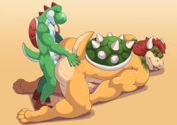 2boys anal anal_sex anthro anthro_on_anthro bowser duo from_behind_position furry furry_only furryratchet gay gay_sex hi_res koopa larger_male male male/male mario_(series) muscular nintendo penetration reptile scalie sex side_view size_difference smaller_male standing tail tongue tongue_out yoshi