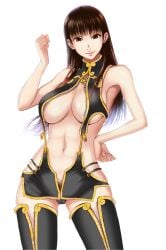 1girls alluring alternate_costume alternate_hairstyle asian asian_female bare_shoulders big_breasts black_hair braid breasts brown_eyes brown_hair center_opening cleavage clenched_hand cowboy_shot dead_or_alive dead_or_alive_xtreme_beach_volleyball female_focus female_pubic_hair groin hair_down hand_on_own_hip high_res kamitsuki_manmaru lei_fang lips long_hair looking_at_viewer micro_panties navel panties pubic_hair revealing_clothes simple_background smile tecmo twin_braids under_boob underwear unzipped white_background