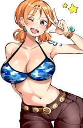 1girls arm_up big_breasts blush bra clothed clothing eye_closed female female_focus female_only greeting jewelry kasumi6 large_breasts looking_at_viewer nami one_piece open_mouth orange_eyes orange_hair pre-timeskip short_hair sky_island_saga solo solo_female tattoo thick_thighs