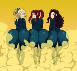 3girls absurdres ass ass-to-ass ass_focus blonde_hair bodysuit brown_hair cana_alberona erza_scarlet fairy_tail fart female highres huge_ass jiggle_butt_gang lolotron6 looking_at_viewer lucy_heartfilia multiple_girls red_hair smile spandex