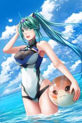 1girls :d alluring aqua_eyes aqua_hair ball bare_arms bare_shoulders beachball big_breasts bird blue_sky breasts character_name cloud cloudy_sky competition_swimsuit core_crystal covered_navel day female_focus fingernails hair_between_eyes happy high_ponytail high_res long_hair matching_hair/eyes nintendo ocean one-piece_bikini one-piece_swimsuit open_mouth outside pneuma_(xenoblade) ponytail redpoke seagull sky smile spoilers swimsuit teeth thighs tiara tora_(xenoblade) very_long_hair wading water xenoblade_(series) xenoblade_chronicles_2