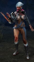 adriana_imai ai_generated big_breasts big_thighs dbd dead_by_daylight game half_naked short_hair the_skull_merchant thick_thighs weapon