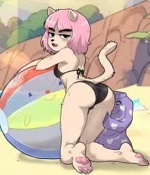 animal_ears animal_humanoid animal_nose anthro ass beach beach_ball bikini bikini_bottom bikini_top black_bikini blush bushy_eyebrows cat_ears cat_girl cat_humanoid cat_nose cat_tail catgirl centinel303 fur furry looking_at_viewer looking_back looking_back_at_viewer paws pink_hair rosy_cheeks sand summer_camp_island susie_mccallister swimsuit swimwear