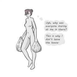 1girls bun casual casual_exposure casual_nudity female grocery grocery_bag grocery_shopping grocery_store javaazera naked nude nude_female nudist oblivious original_character shopping sketch unaware walking