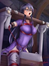 1girls ayra_(fire_emblem) bare_thighs black_hair blue_eyes bondage boots bound bound_legs breasts crying crying_with_eyes_open dress elbow_gloves female female_only femsub fire_emblem fire_emblem:_genealogy_of_the_holy_war gloves grey_panties indoors knn-hinotori lock long_hair medium_breasts multicolored_hair nintendo open_mouth panties pelvic_curtain pillory purple_hair rape restrained rope rope_bondage screaming short_sleeves solo stationary_restraints thigh_boots thighs underwear vaginal_penetration very_long_hair wooden_horse