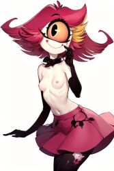 1_eye 1girls ai_generated cyclops cyclops_girl demon demon_girl elbow_gloves female hazbin_hotel long_gloves niffty petite petite_body red_hair shortstack solo solo_female solo_focus stockings thighhighs white_background