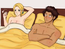 1boy 1girls after_sex arm_behind_head armpits beard bed blonde_hair breasts brown_hair claude_von_riegan completely_nude crossed_legs exhausted female female_dominating_male fire_emblem fire_emblem:_three_houses green_eyes hickey hunnymzdraws in_bed ingrid_brandl_galatea male medium_breasts nintendo nude nude_female nude_male post-timeskip shocked short_hair smoking textless_version wide_thighs