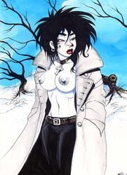 ankh ankh_necklace barry_blair belt casual clothing dc death_of_the_endless female goth jewelry naked_coat necklace neckwear nipples no_bra no_bra_under_clothes outerwear pale_skin snow the_sandman topless trenchcoat