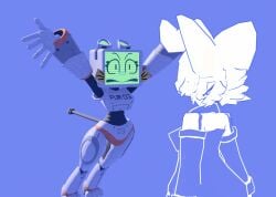 angry animal_ears anthro ass big_butt biped blue_clothing breasts cat_ears cheek_tuft clothing clyde_(discord) collar cord_tail discord_(app) domestic_cat duo facial_tuft fc5 felid feline felis female front_view fur hands_up mammal power_cord pur_03 rear_view robot_anthro screen screen_face segmented_body shoulderless_dress simple_background sleeves small_waist tuft white_body white_fur wide_hips
