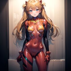 1girls 2024 ai_generated asuka_langley_sohryu blue_eyes blush bodysuit cameltoe female female_focus female_only kxy latex latex_bodysuit latex_suit neon_genesis_evangelion standing