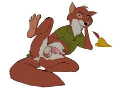 2023 absurd_res alpha_channel anthro arm_support balls bedroom_eyes biped black_nose bottomless bottomless_male brown_body bulge canid canine claws clothed clothing countershade_face countershade_torso countershading detailed_bulge disney eyebrows feet foot_fetish foot_focus fox genital_outline genitals glans green_clothing green_shirt green_topwear half-erect hi_res humanoid_feet humanoid_genitalia humanoid_penis leaning_on_elbow looking_at_viewer lying male male_only mammal multicolored_body narrowed_eyes on_back open_mouth penis plantigrade raised_leg reclining red_fox robin_hood robin_hood_(disney) seductive shirt solo teeth toe_claws topwear two_tone_body white_body wugi