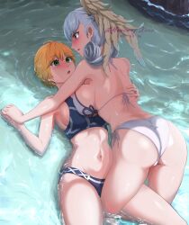 2girls absurd_res alternate_costume ass bikini black_bikini black_swimsuit blonde_hair blue_eyes blush breast_press breasts bubble_butt busty cleavage curvy embarrassed female female_only fiora_(xenoblade) green_eyes highres holding_hands hourglass_figure large_ass large_breasts long_hair melia_antiqua mercury_xeno midriff monolith_soft navel nintendo official_alternate_costume on_back on_top partially_submerged short_hair silver_hair slim_waist swimsuit thick_ass thick_thighs thighs voluptuous water wet wet_body wet_clothes white_bikini white_swimsuit wide_hips wings wings_on_head xenoblade_(series) xenoblade_chronicles yuri