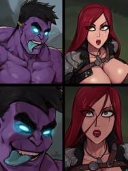 1boy 1girls big_breasts black_hair blue_eyes blue_tongue breasts busty cleavage curvaceous curvy curvy_body curvy_female curvy_figure female glowing_blue_eyes glowing_eyes green_eyes huge_breasts hulk_meme imminent_rape imminent_sex katarina_du_couteau large_breasts league_of_legends lips meme mundo_(league_of_legends) purple_skin rampage0118 red_hair scar tongue tongue_out voluptuous