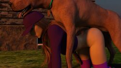 3d all_fours baseball_cap boots bottomless brown_hair daphne_blake dog doggy_style female_on_feral female_penetrated great_dane hanna-barbera human_on_feral interspecies outdoors scooby-doo scooby-doo_(character) sex stockings thighhighs wyllscarlett zoophilia