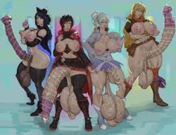 4futas areolae balls bar_censor blake_belladonna bottomless breasts censored clothed clothing futa_only futanari huge_ass huge_balls huge_breasts huge_cock human humanoid light-skinned_futanari light_skin lips long_penis midriff mostly_clothed mostly_nude navel nipples penis ruby_rose rwby standing thick_thighs very_long_penis weiss_schnee wide_hips yang_xiao_long zyldark